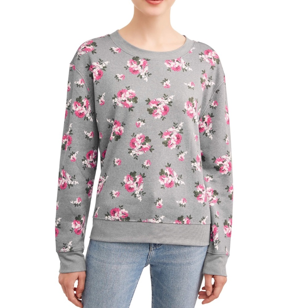 Plush teddy crewneck sweater grey floral print size medium